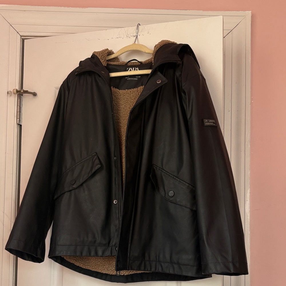 Boys Zara Black Hooded Raincoat with Sherpa Interior